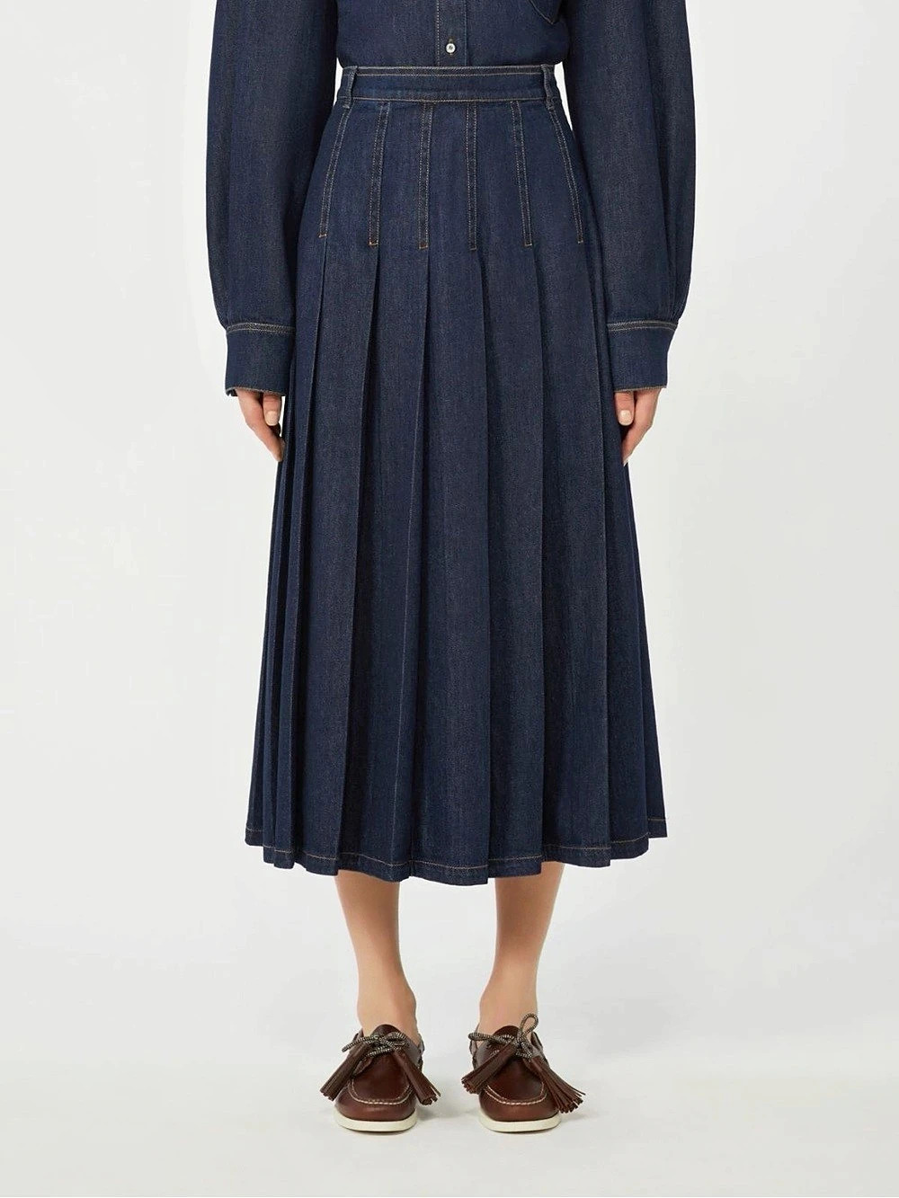 Weekend Maxmara Pleated Denim Midi Skirt Blue